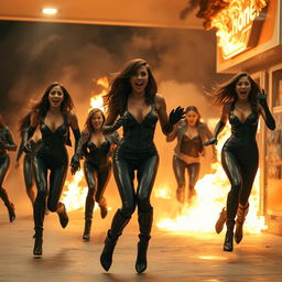 A dramatic scene featuring a fully burning gas station, with multiple beautiful women in black leather bodysuits, leather gloves, leather jackets, and high-heeled boots