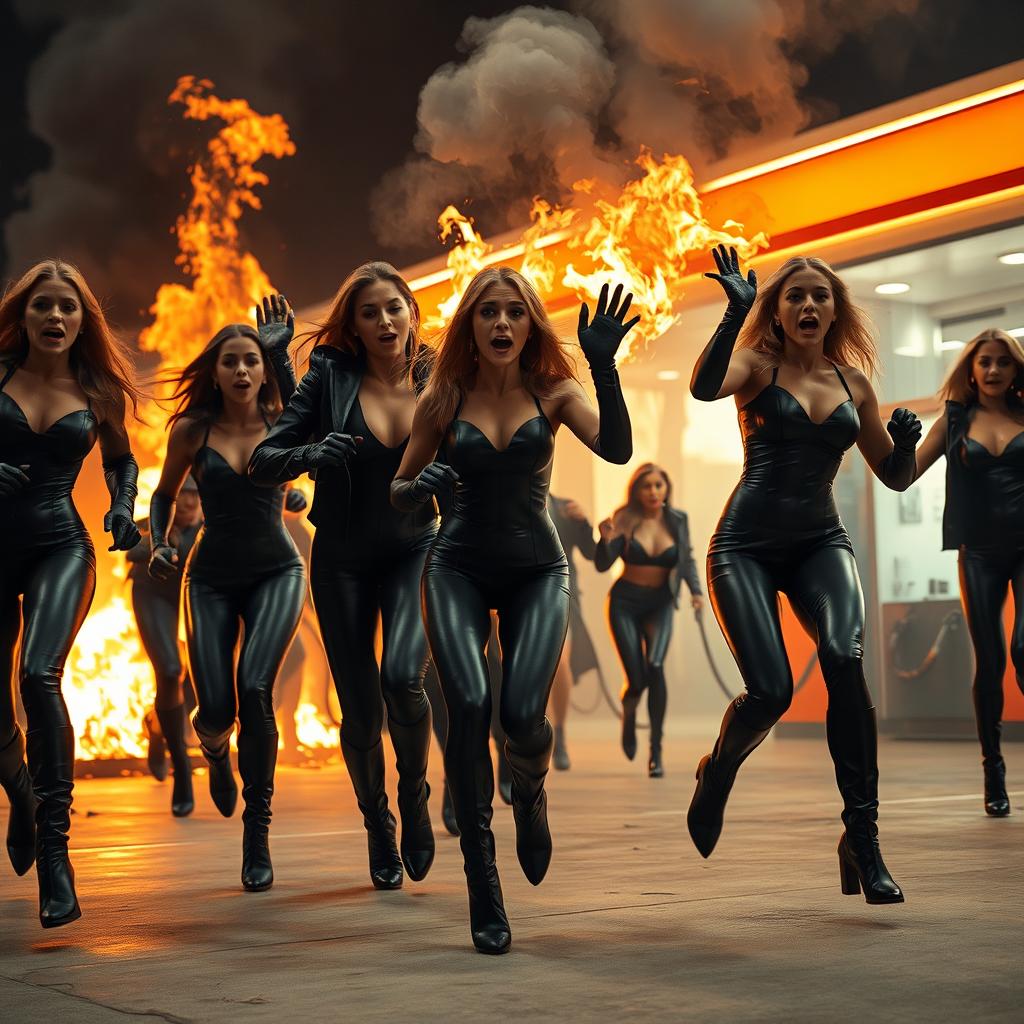 A dramatic scene featuring a fully burning gas station, with multiple beautiful women in black leather bodysuits, leather gloves, leather jackets, and high-heeled boots