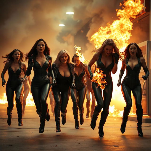 A dramatic scene featuring a fully burning gas station, with multiple beautiful women in black leather bodysuits, leather gloves, leather jackets, and high-heeled boots