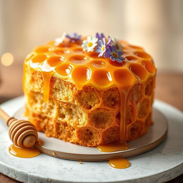 A beautifully crafted cake shaped like a honeycomb, featuring golden honey drizzles over the surface