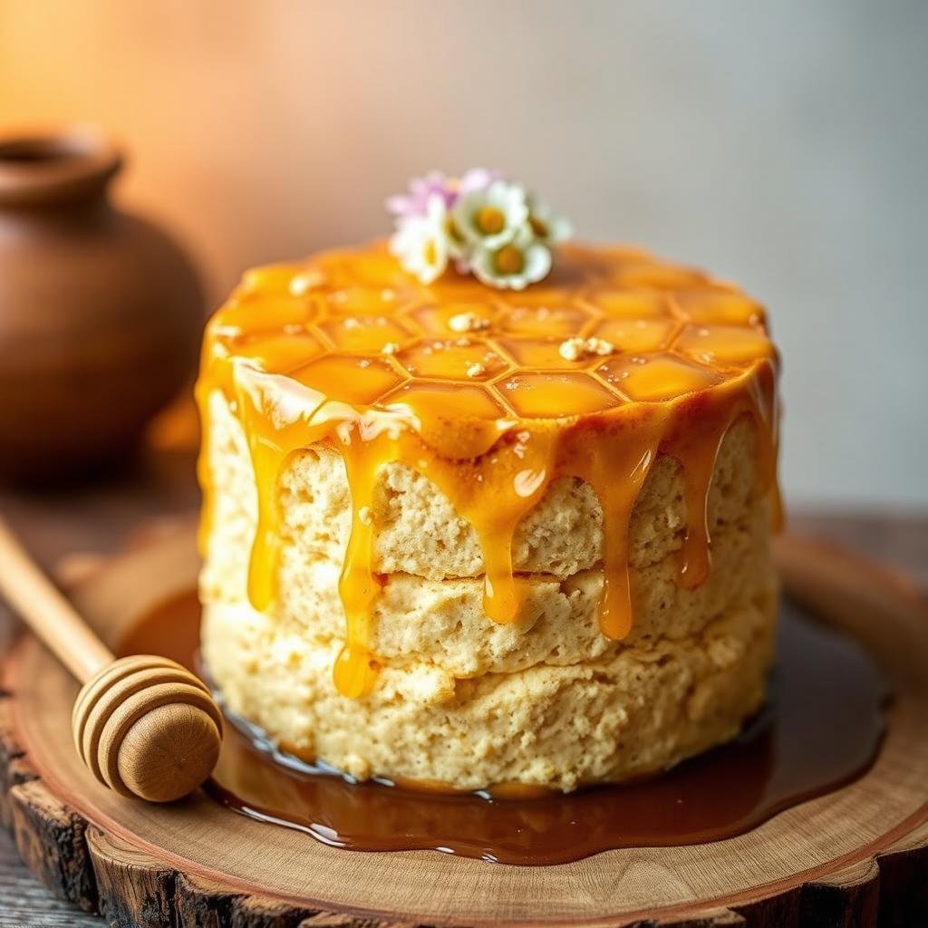 A beautifully crafted cake shaped like a honeycomb, featuring golden honey drizzles over the surface