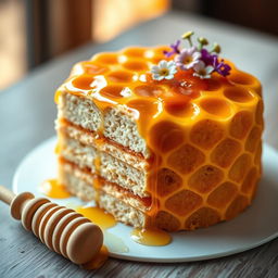 A beautifully crafted cake shaped like a honeycomb, featuring golden honey drizzles over the surface
