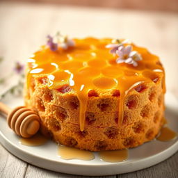 A beautifully crafted cake shaped like a honeycomb, featuring golden honey drizzles over the surface