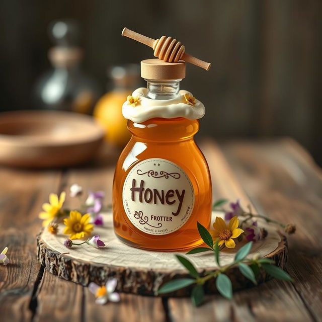 A beautifully arranged display featuring a honey bottle shaped like a cake, intricately designed with edible decorations that mimic frosting and cake layers