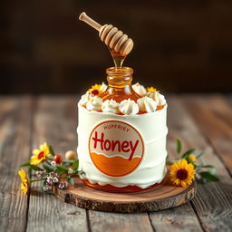 A beautifully arranged display featuring a honey bottle shaped like a cake, intricately designed with edible decorations that mimic frosting and cake layers