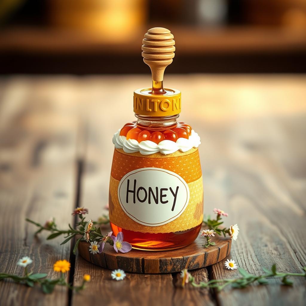 A beautifully arranged display featuring a honey bottle shaped like a cake, intricately designed with edible decorations that mimic frosting and cake layers