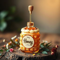 A beautifully arranged display featuring a honey bottle shaped like a cake, intricately designed with edible decorations that mimic frosting and cake layers