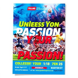 A vibrant and eye-catching print advertisement for a sports event, featuring dynamic images of athletes in action, such as a runner sprinting, a basketball player mid-jump, and a soccer player kicking a ball