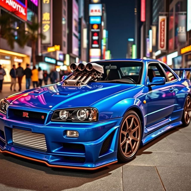 A Nissan R34 GT-R, modified with a sleek and powerful V12 engine, displayed prominently in a vibrant urban setting