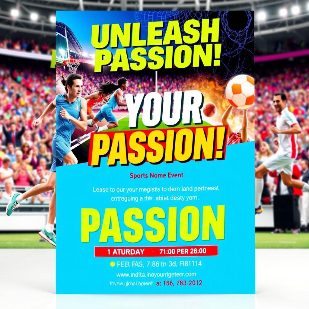 A vibrant and eye-catching print advertisement for a sports event, featuring dynamic images of athletes in action, such as a runner sprinting, a basketball player mid-jump, and a soccer player kicking a ball