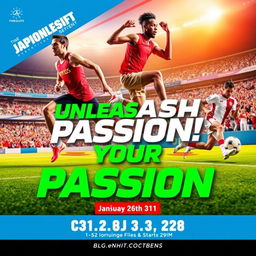 A vibrant and eye-catching print advertisement for a sports event, featuring dynamic images of athletes in action, such as a runner sprinting, a basketball player mid-jump, and a soccer player kicking a ball