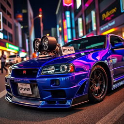 A Nissan R34 GT-R, modified with a sleek and powerful V12 engine, displayed prominently in a vibrant urban setting