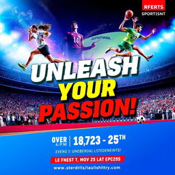 A vibrant and eye-catching print advertisement for a sports event, featuring dynamic images of athletes in action, such as a runner sprinting, a basketball player mid-jump, and a soccer player kicking a ball