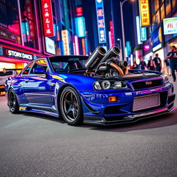 A Nissan R34 GT-R, modified with a sleek and powerful V12 engine, displayed prominently in a vibrant urban setting