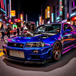 A Nissan R34 GT-R, modified with a sleek and powerful V12 engine, displayed prominently in a vibrant urban setting