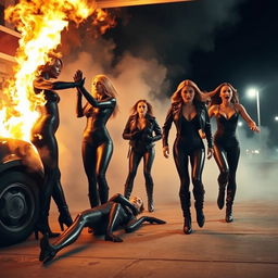 Four women at a gas station engulfed in flames, wearing black leather bodysuits, gloves, leather jackets, and high-heeled leather boots