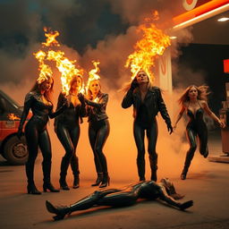 Four women at a gas station engulfed in flames, wearing black leather bodysuits, gloves, leather jackets, and high-heeled leather boots