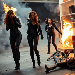 Four women at a gas station engulfed in flames, wearing black leather bodysuits, gloves, leather jackets, and high-heeled leather boots