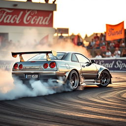 A Nissan R34 GT-R, modified for drifting, showcasing aggressive bodywork with a widebody kit, rear wing, and large aftermarket wheels