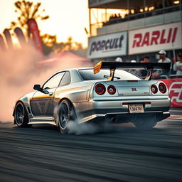 A Nissan R34 GT-R, modified for drifting, showcasing aggressive bodywork with a widebody kit, rear wing, and large aftermarket wheels