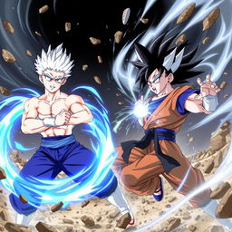 An epic battle scene featuring Satoru Gojo from Jujutsu Kaisen and Goku from Dragon Ball