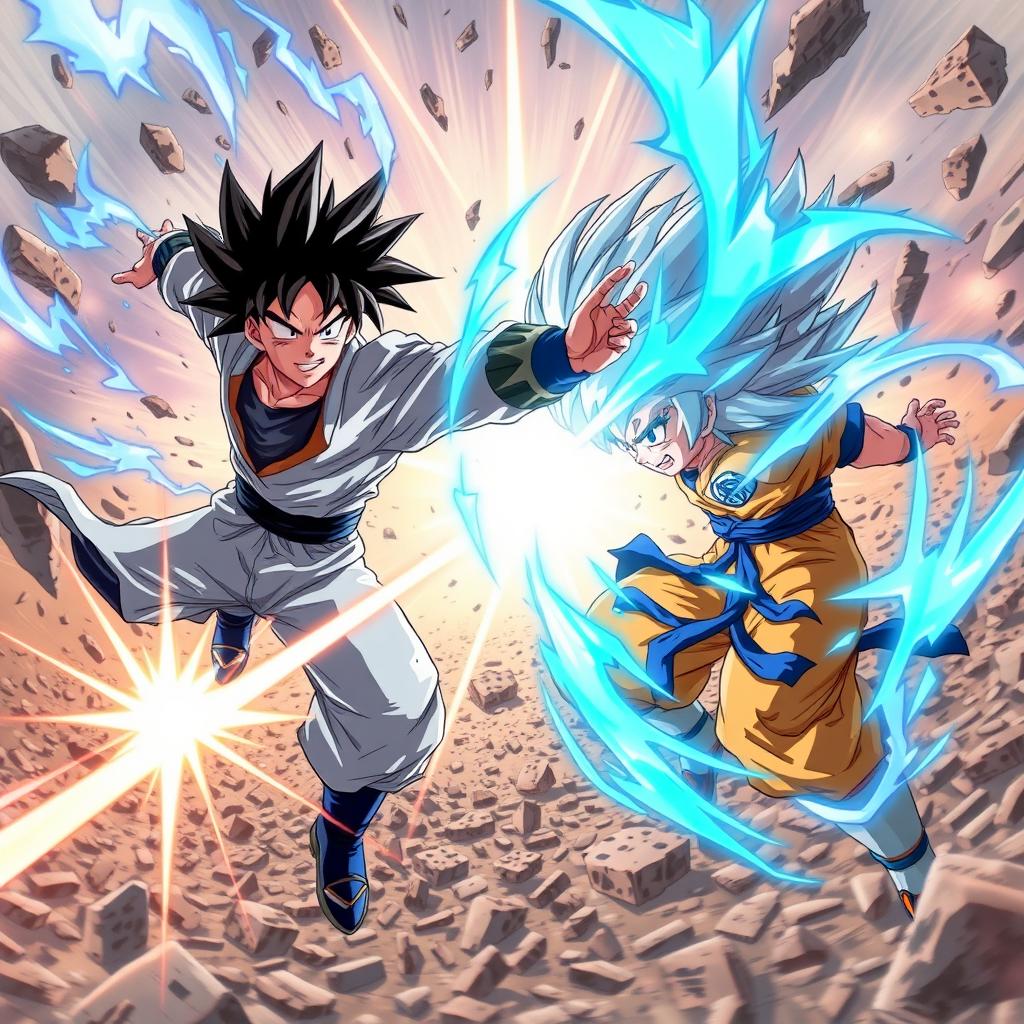 An epic battle scene featuring Satoru Gojo from Jujutsu Kaisen and Goku from Dragon Ball