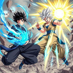 An epic battle scene featuring Satoru Gojo from Jujutsu Kaisen and Goku from Dragon Ball