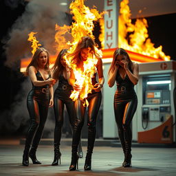 Three women at a gas station engulfed in flames, wearing tight black leather jumpsuits and high stiletto boots