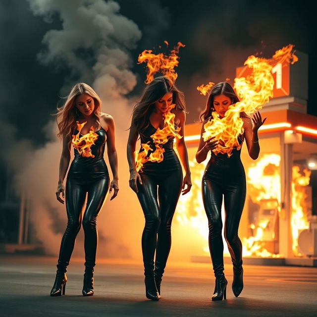 Three women at a gas station engulfed in flames, wearing tight black leather jumpsuits and high stiletto boots