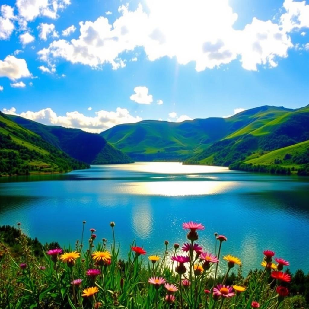 A serene landscape featuring a tranquil lake surrounded by lush green hills under a clear blue sky, with soft fluffy clouds scattered throughout