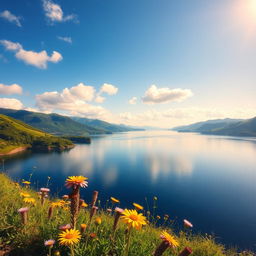 A serene landscape featuring a tranquil lake surrounded by lush green hills under a clear blue sky, with soft fluffy clouds scattered throughout