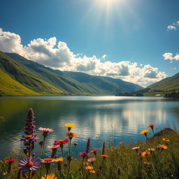 A serene landscape featuring a tranquil lake surrounded by lush green hills under a clear blue sky, with soft fluffy clouds scattered throughout