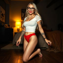 A 33 year old blonde woman with long hair, 34D breasts, very skinny at 90 pounds, and standing 5'6" tall with a long torso and wide hips