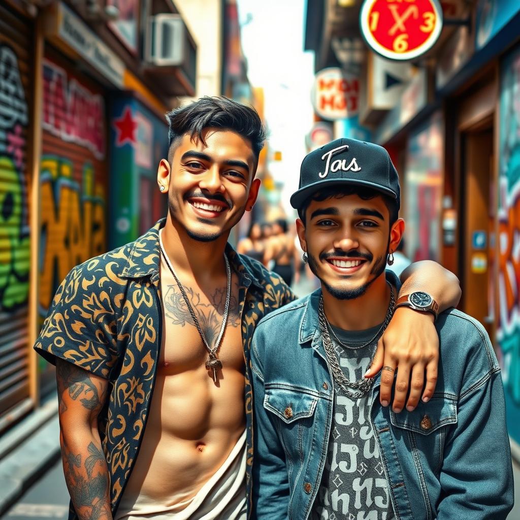 A vibrant street scene featuring the two popular Iranian singers, Tataloo and Yas, posing together with cheerful expressions
