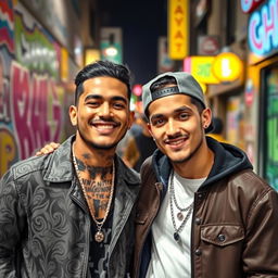 A vibrant street scene featuring the two popular Iranian singers, Tataloo and Yas, posing together with cheerful expressions