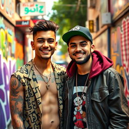 A vibrant street scene featuring the two popular Iranian singers, Tataloo and Yas, posing together with cheerful expressions