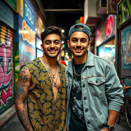 A vibrant street scene featuring the two popular Iranian singers, Tataloo and Yas, posing together with cheerful expressions