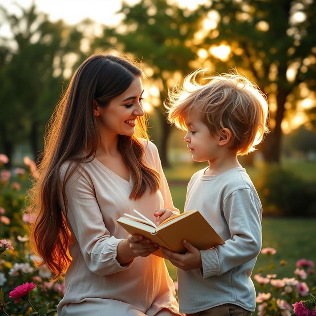 A romantic scene depicting a teacher and a small student in an artistic, heartwarming setting