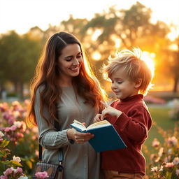 A romantic scene depicting a teacher and a small student in an artistic, heartwarming setting