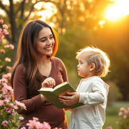 A romantic scene depicting a teacher and a small student in an artistic, heartwarming setting