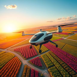 A futuristic aerial view of an advanced vehicle navigating through a vibrant, expansive farm landscape