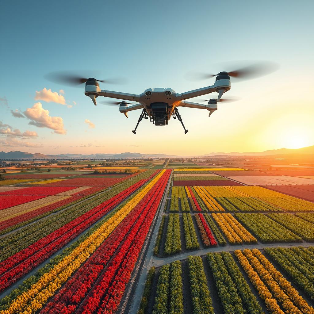 A futuristic aerial view of an advanced vehicle navigating through a vibrant, expansive farm landscape