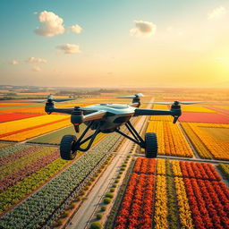A futuristic aerial view of an advanced vehicle navigating through a vibrant, expansive farm landscape