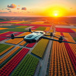 A futuristic aerial view of an advanced vehicle navigating through a vibrant, expansive farm landscape