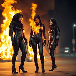 Three hijab-wearing and niqab-clad women in black leather bodysuits, paired with high-heeled leather boots and gloves, are depicted at a gas station engulfed in flames due to an accident