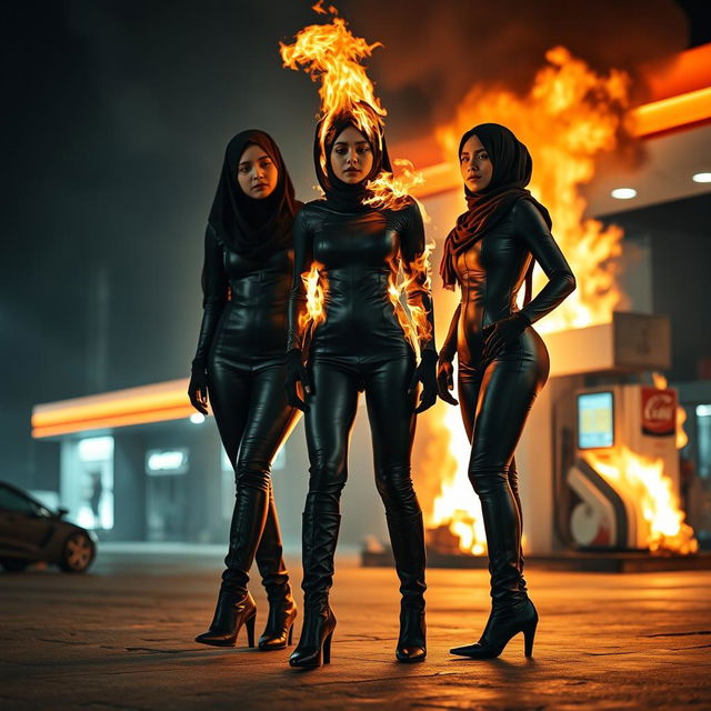 Three hijab-wearing and niqab-clad women in black leather bodysuits, paired with high-heeled leather boots and gloves, are depicted at a gas station engulfed in flames due to an accident