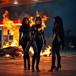 Three hijab-wearing and niqab-clad women in black leather bodysuits, paired with high-heeled leather boots and gloves, are depicted at a gas station engulfed in flames due to an accident