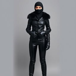 A full-body portrait of a woman standing upright, wearing a tight, shiny black leather jacket with a fur collar