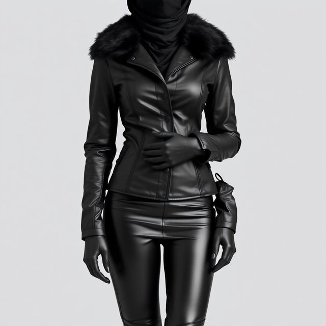 A full-body portrait of a woman standing upright, wearing a tight, shiny black leather jacket with a fur collar