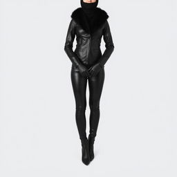 A full-body image of a woman standing with her feet closely together